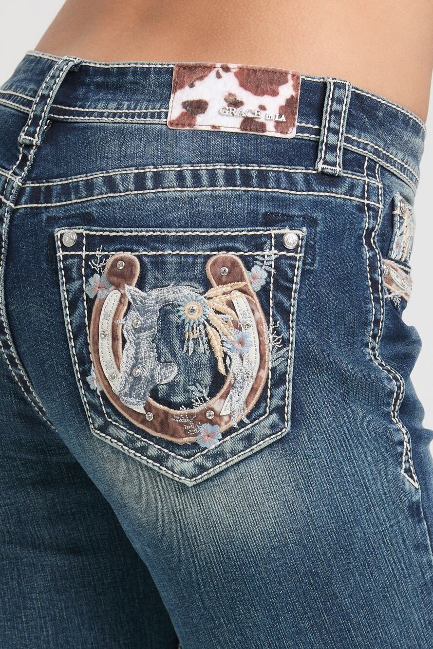 Grace in LA Women's Horseshoe Motif Embellished Bootcut Stretch Jeans